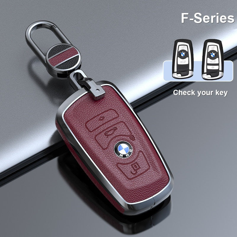 BMW genuine leather key fob case cover in Brown-Red for F-Series smart key with keychain - fits 3/5 Series, X1 X3 X5 X7, i5, 2 Series