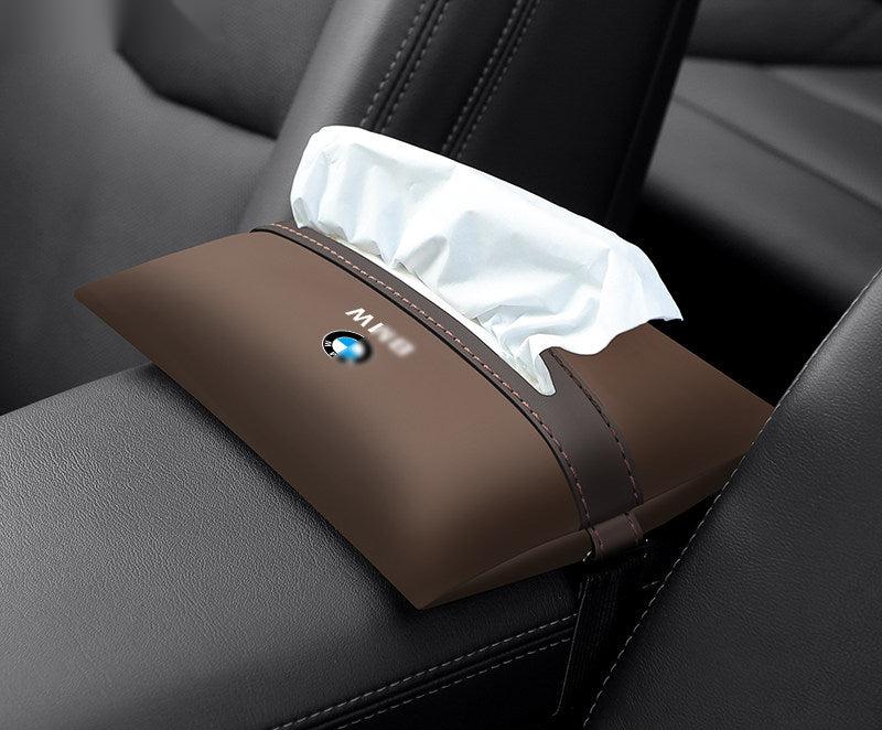Coffee brown leather BMW tissue holder - single pack, mounted on headrest