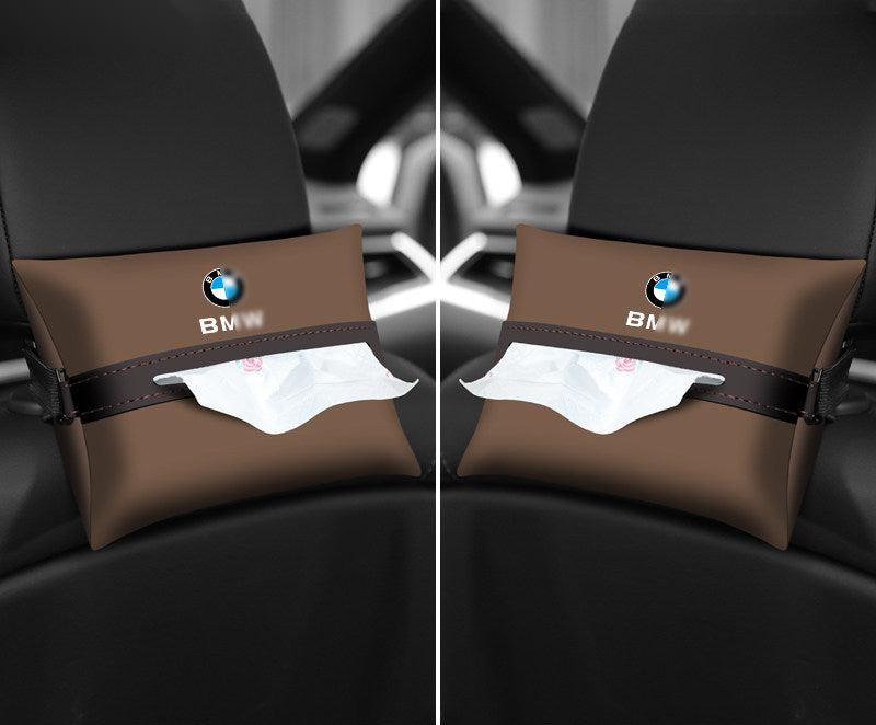 Coffee brown leather BMW tissue holder - set of 2, mounted on both front headrests