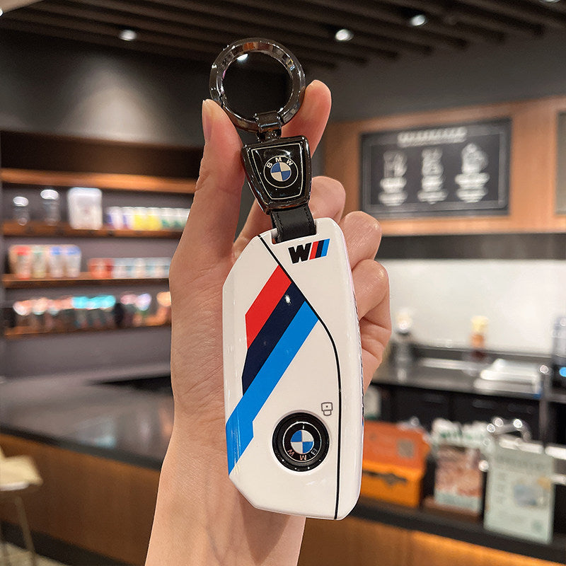 BMW M Performance white leather key case with BMW logo leather strap