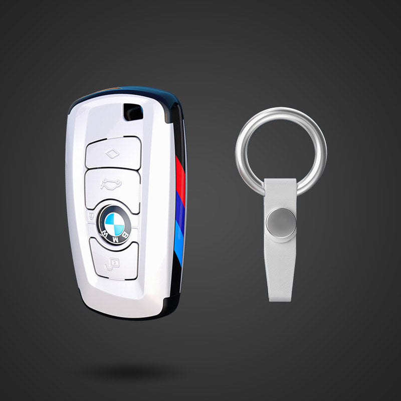 BMW Square key fob case in white with ring keychain