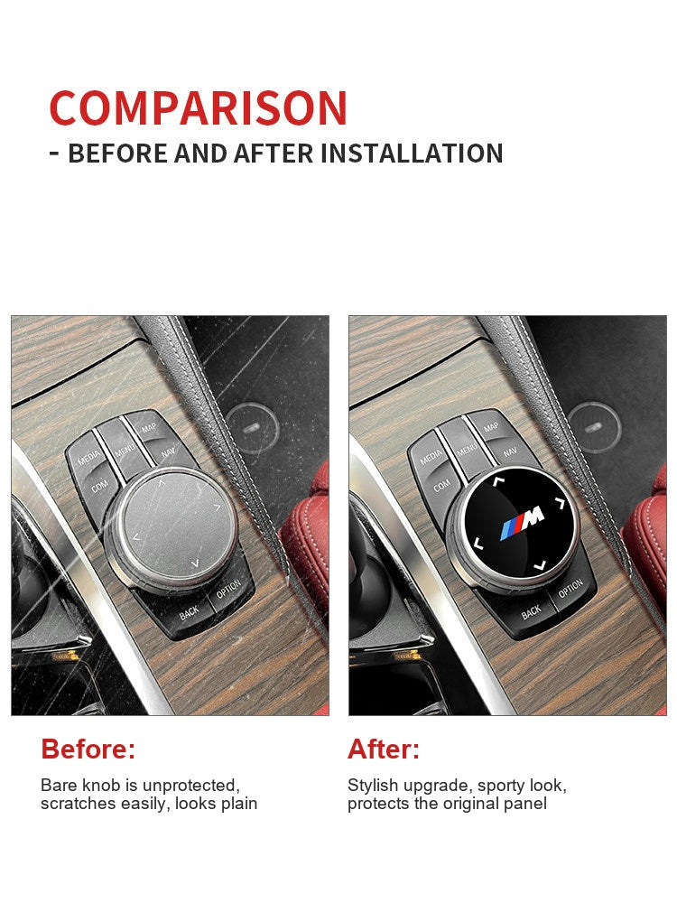 Before and after comparison of BMW multimedia knob with M sticker installed