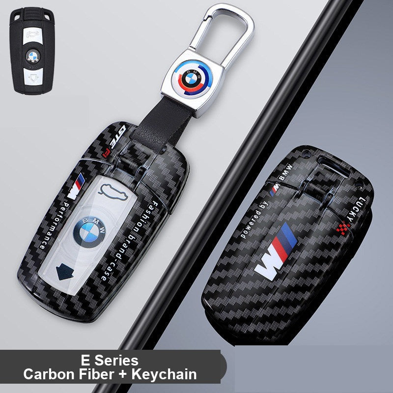 BMW E-Series key fob case - carbon fiber pattern shell with keychain clasp