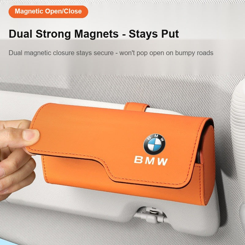 BMW glasses case dual magnetic closure demonstration