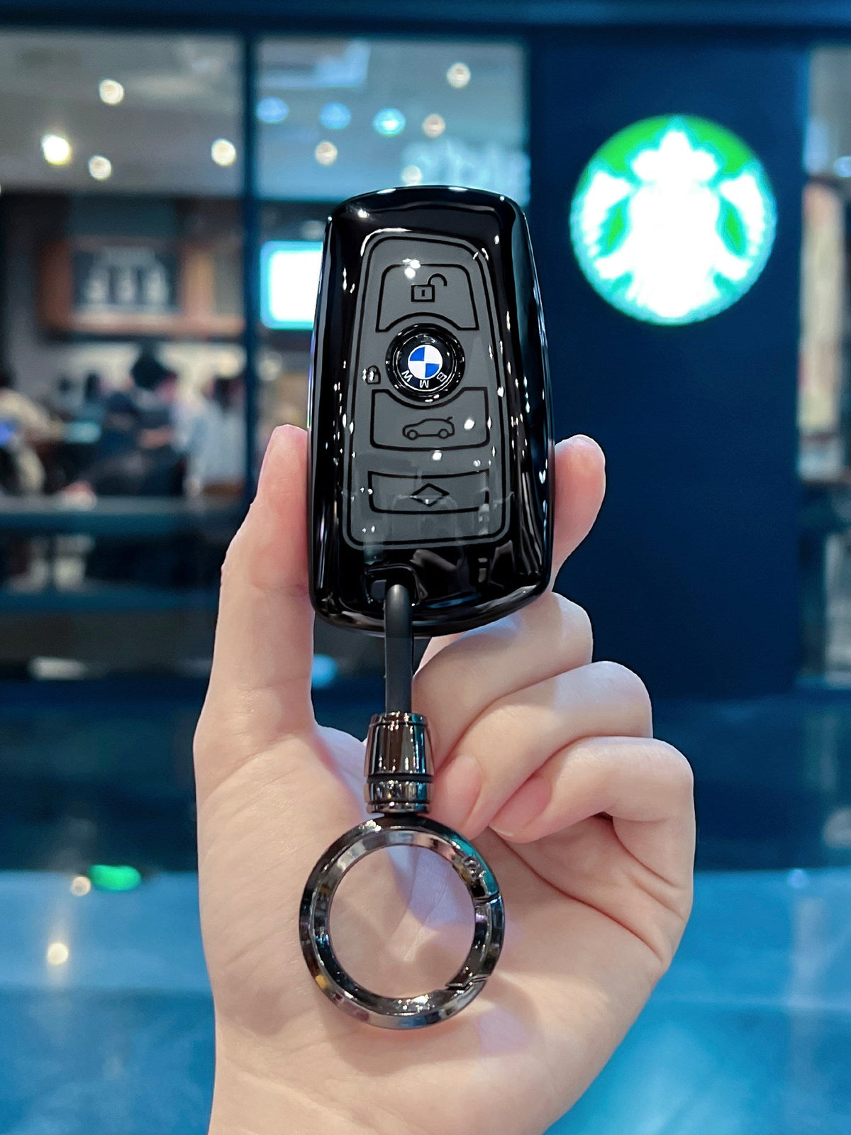 BMW glossy black TPU key sleeve, close-up without keychain
