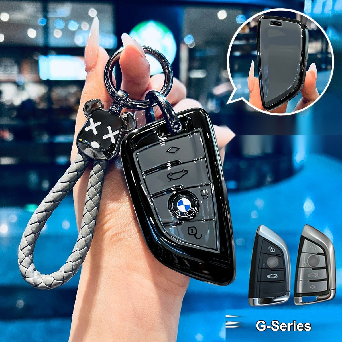 BMW smart key fob glossy black/gray TPU case with bear woven rope keychain