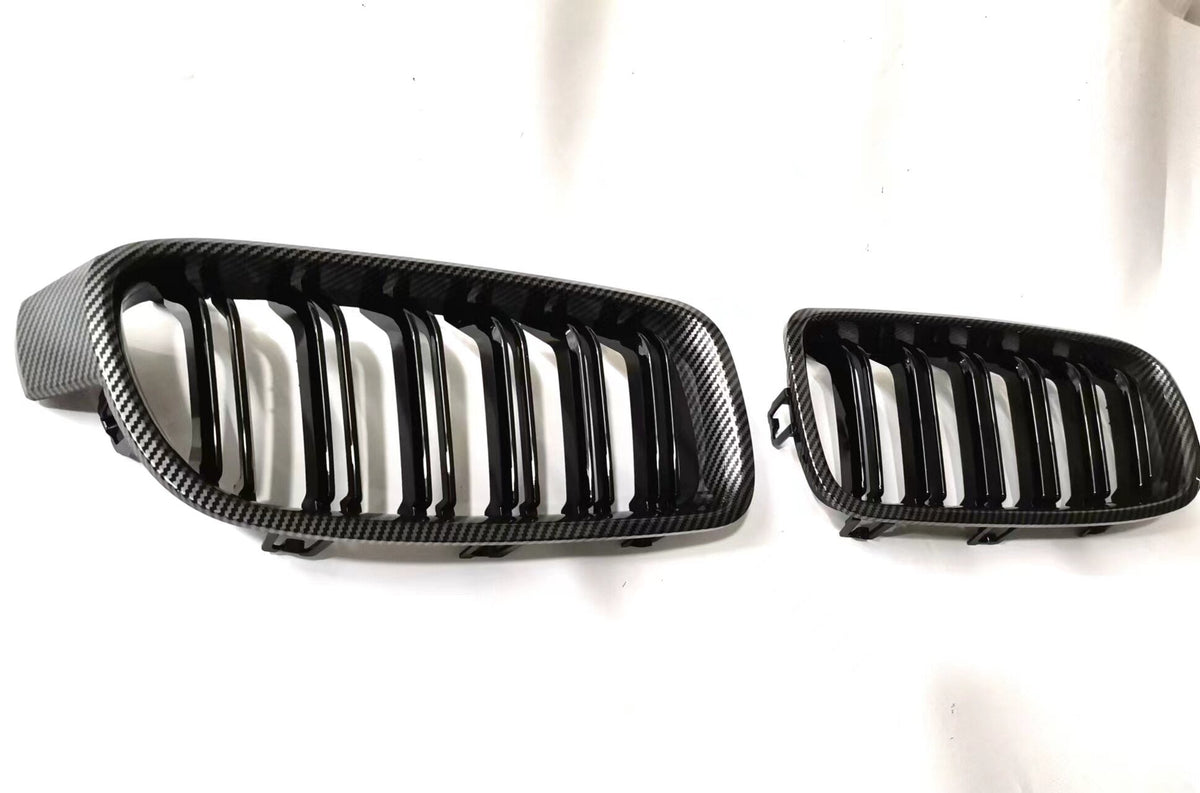 BMW Kidney Grille - Gloss Black Front Grille, F30 3 Series (2012-19) - Double Line Carbon Pattern