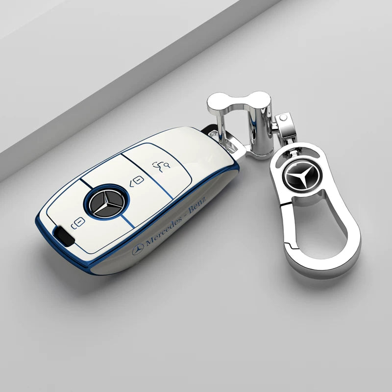 Mercedes-Benz Riviera Two-Tone Key Case – Ivory White – Blue Trim with Chrome Star Clasp