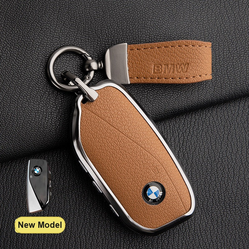 BMW New Model key fob case in Golden Brown ALRAN French goat leather with BMW Pendant Keyring - fits X1 X3 X5 X7, 5/7 Series, 740Li, i7