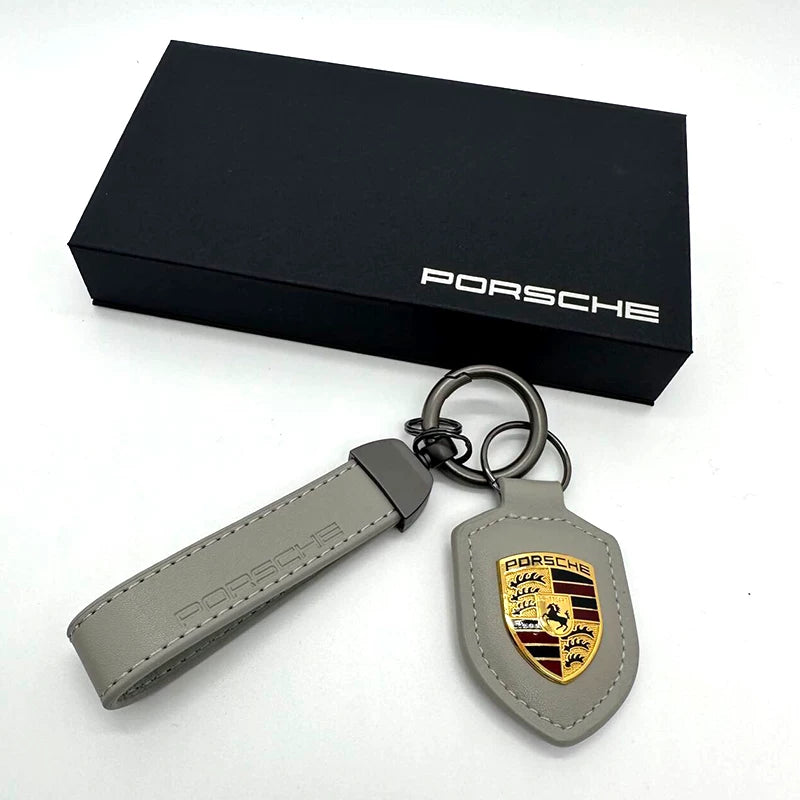Porsche crest leather key fob in Matte Grey
