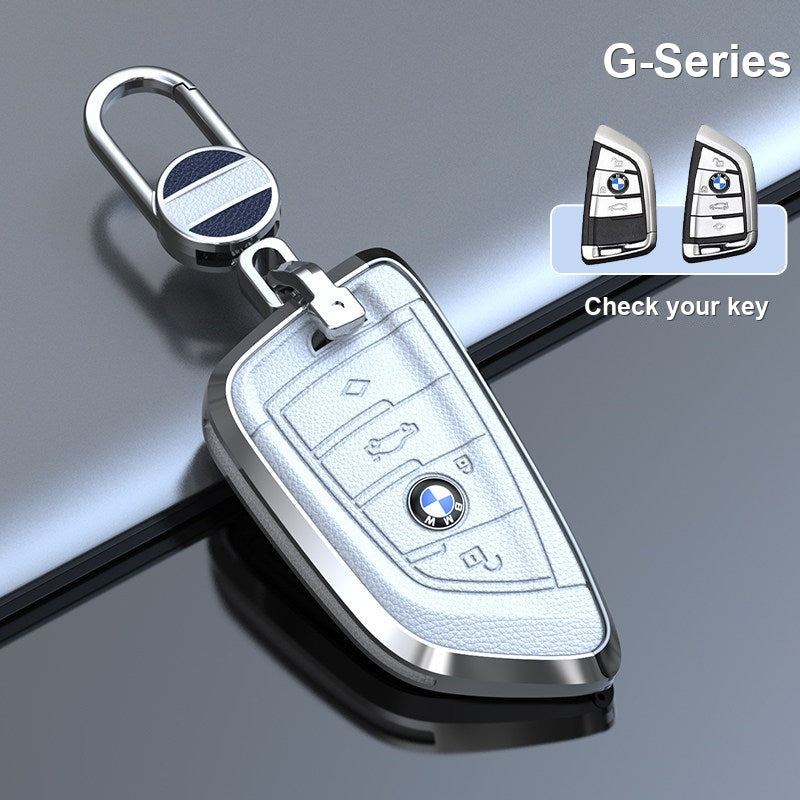 BMW genuine leather key fob case cover in Classic White for G-Series smart key with keychain - fits 3/5 Series, X1 X3 X5 X7, i5, 2 Series