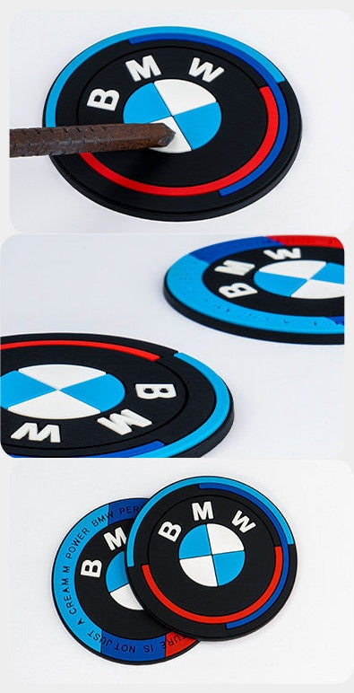 BMW logo silicone coaster durability test with metal rod