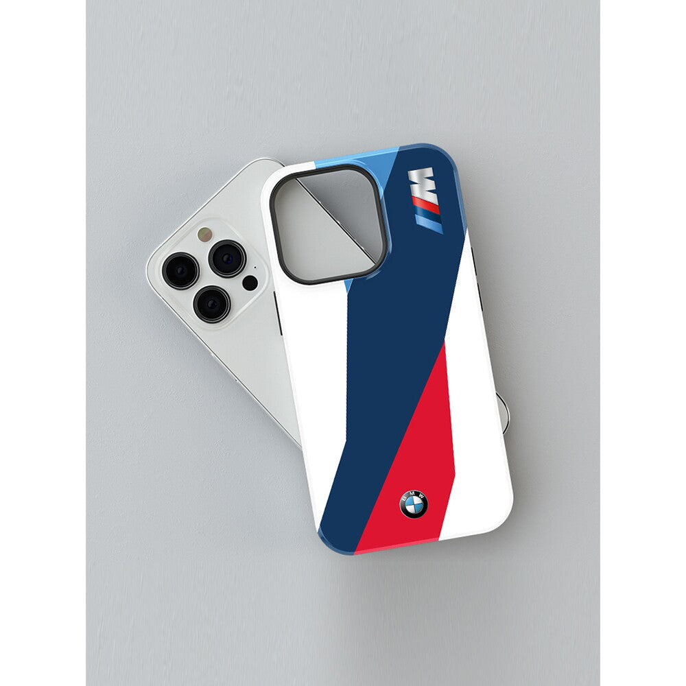BMW M Performance tricolor iPhone case back view showing M stripe design