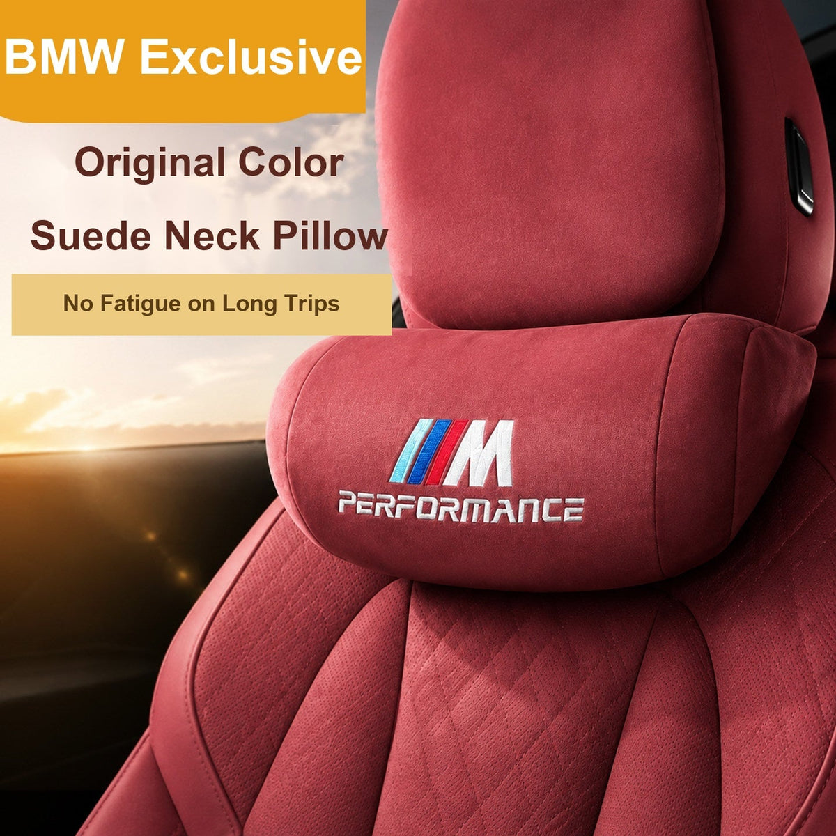 BMW M Performance suede neck pillow installed on car headrest, volcano red