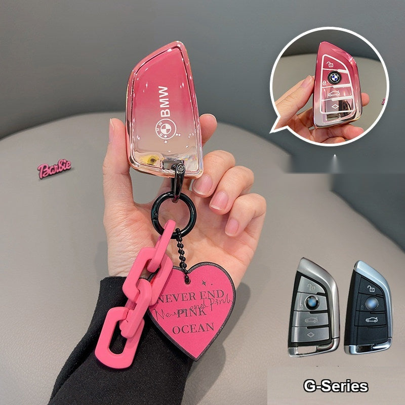 BMW clear glossy cherry blossom pink TPU key case with love bracelet keychain, Style B shell