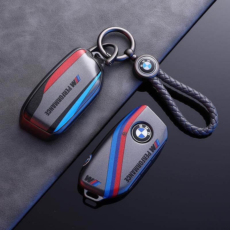 BMW Style F New Model key fob case, black shell, braided logo cord keychain