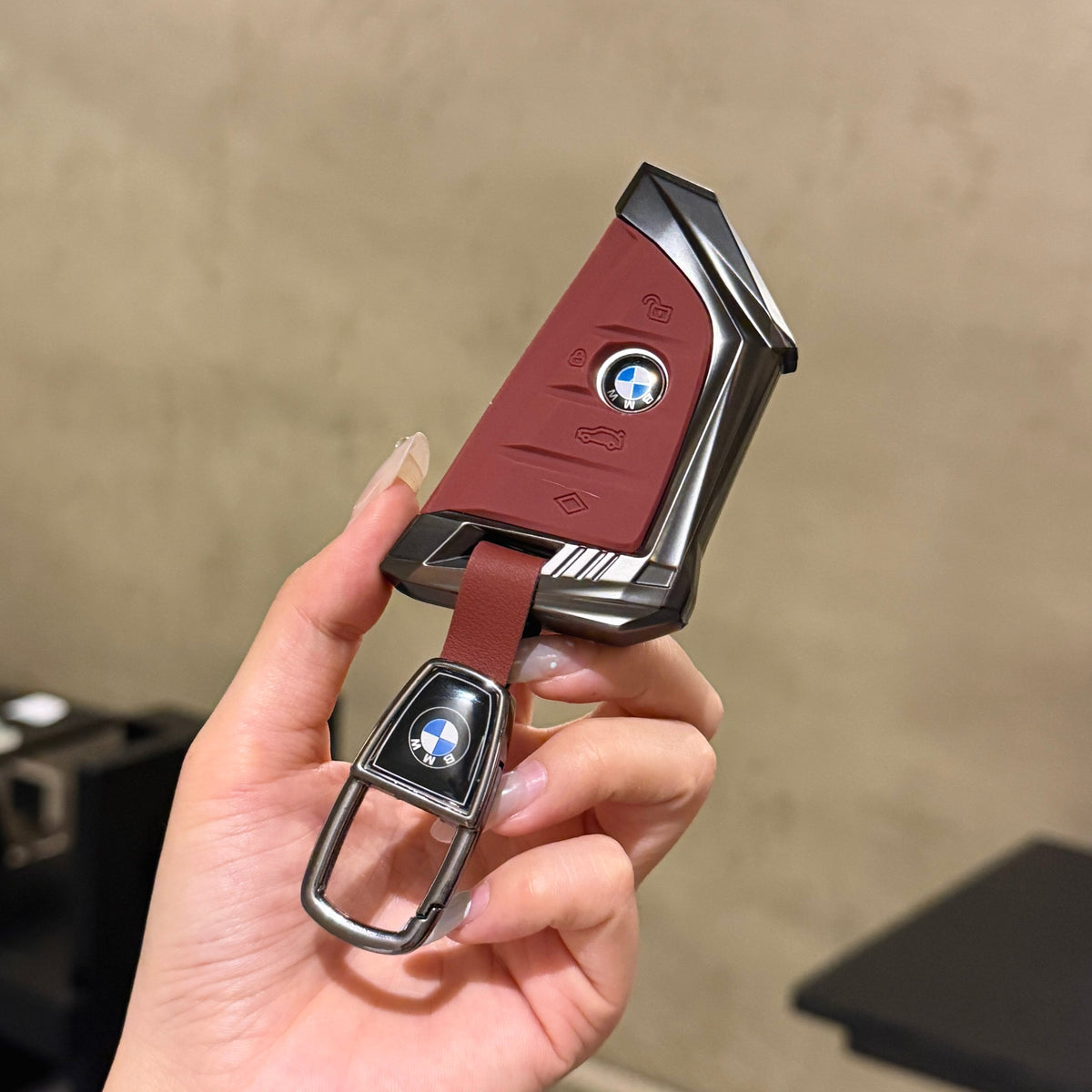 BMW Smart Key Fob Case - Alloy Shell Cover with Leather Keychain