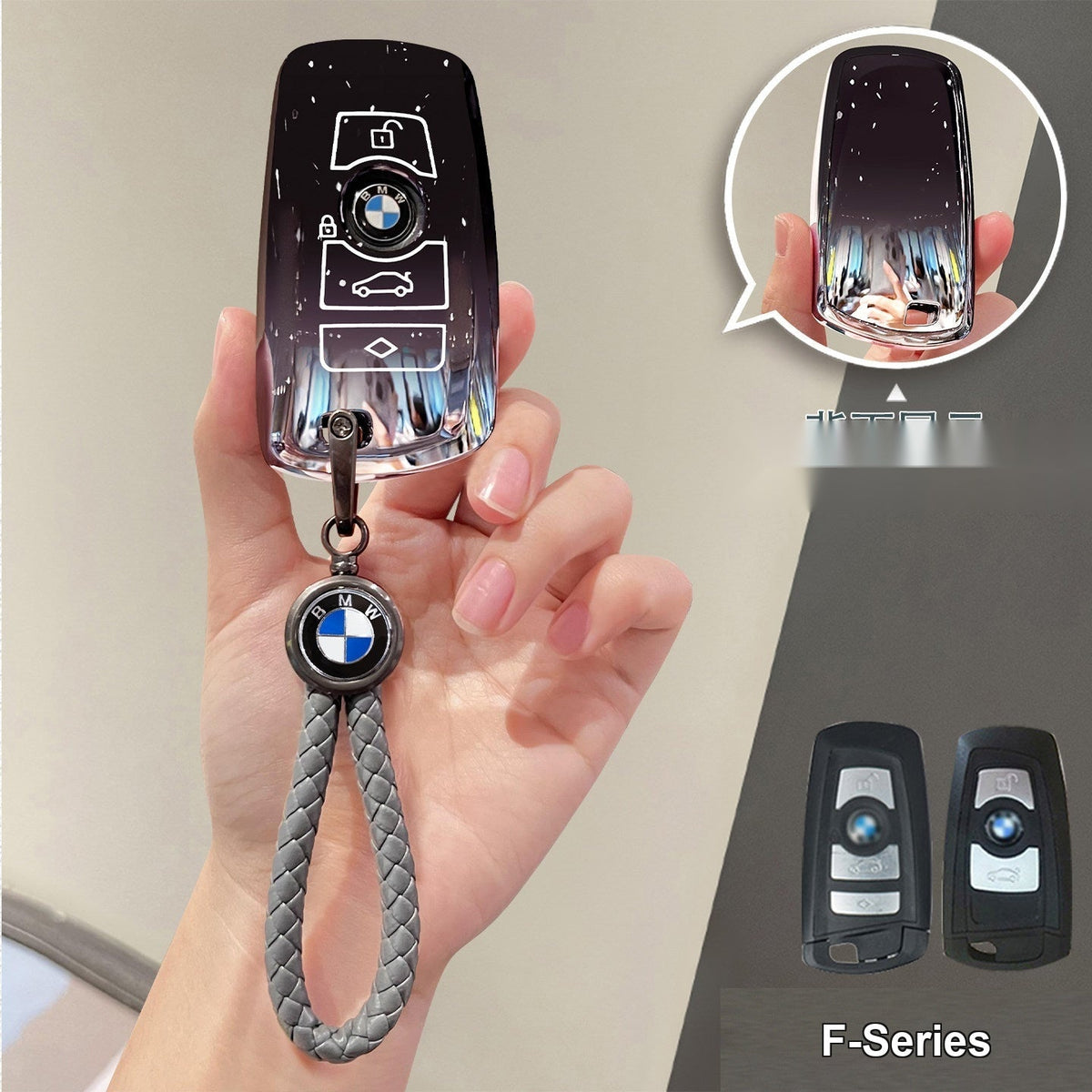 BMW key sleeve Starry Black with braided car logo strap keychain