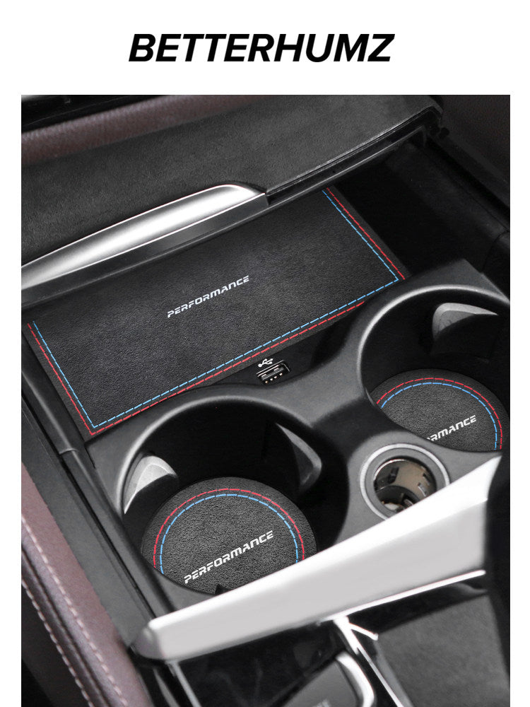 BMW center console cup mat and storage tray liner installed