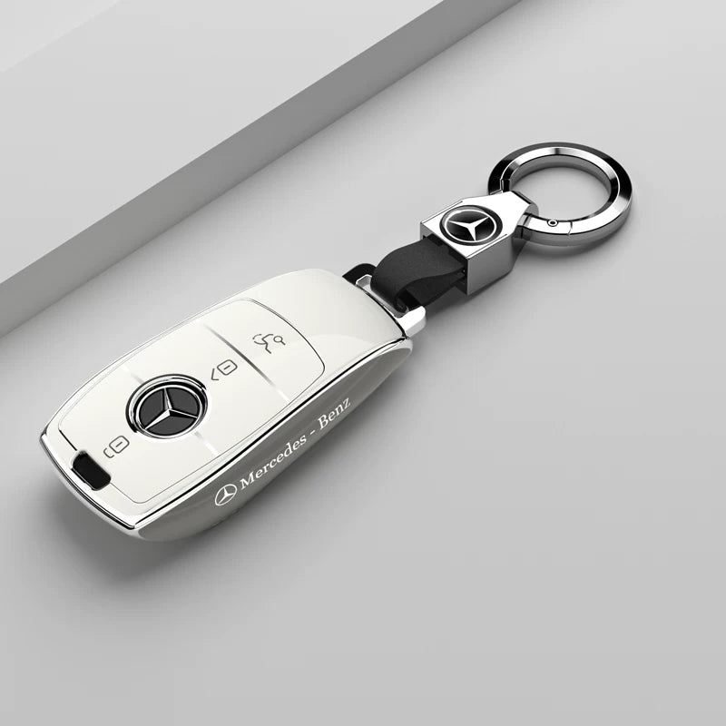Mercedes-Benz Riviera Two-Tone Key Case – Ivory White – Silver Trim with Star Ring Keychain