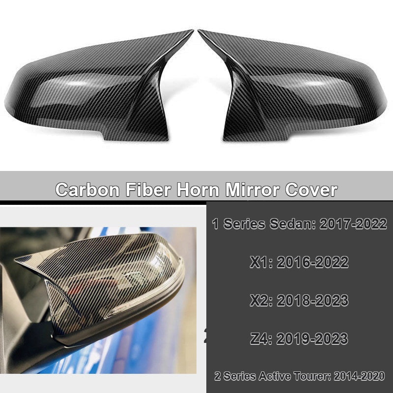 BMW carbon fiber horn mirror cover with fitment chart - 1 Series Sedan, X1, X2, Z4, 2 Series Active Tourer