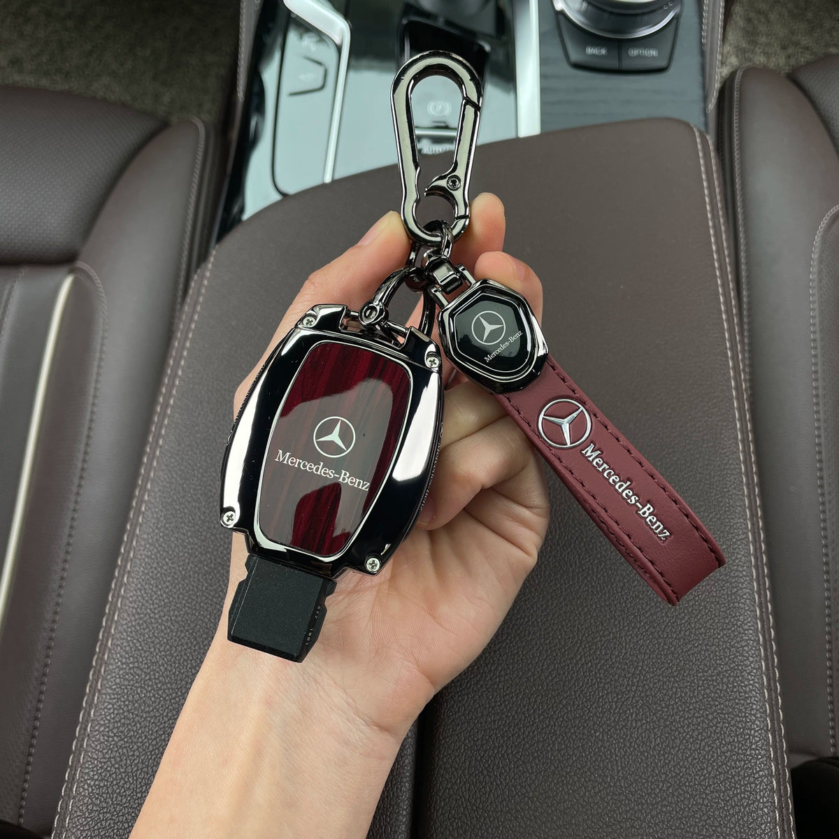 Redwood grain Mercedes-Benz key case with logo lanyard strap