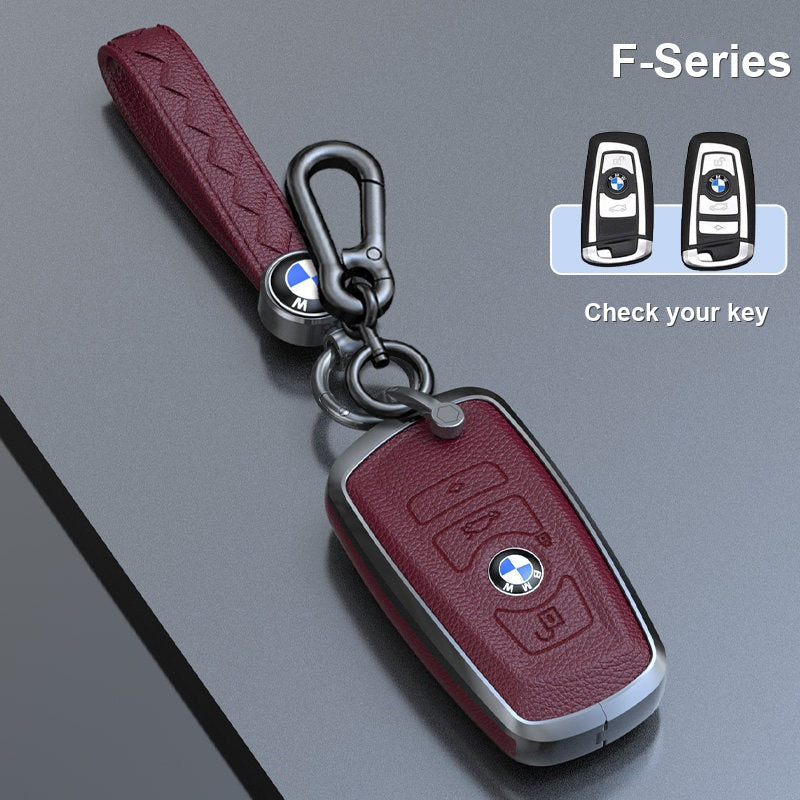 BMW genuine leather key fob case cover in Brown-Red for F-Series smart key with keychain - fits 3/5 Series, X1 X3 X5 X7, i5, 2 Series