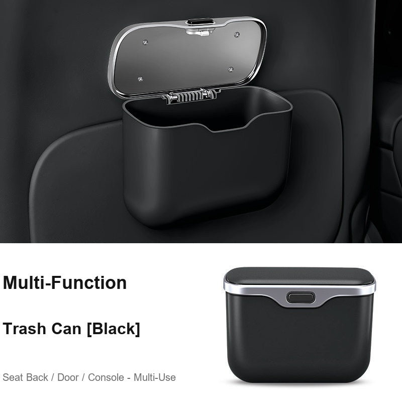 Multi-function BMW car trash bin black, mounted on seat back in car interior