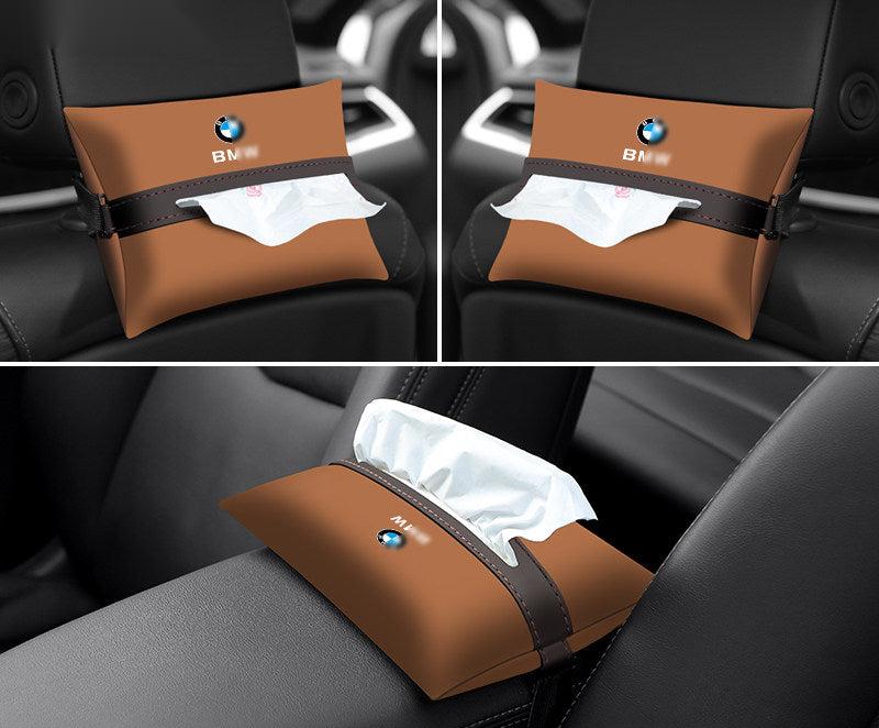Brown leather BMW tissue holder - set of 3, seat back and armrest views