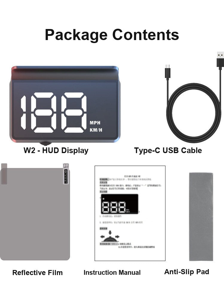 GPS HUD package contents - display unit, Type-C USB cable, reflective film, manual, anti-slip pad