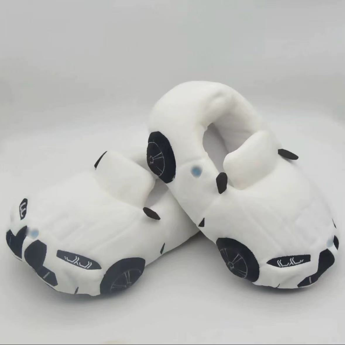 White BMW-style sports car plush slippers front view