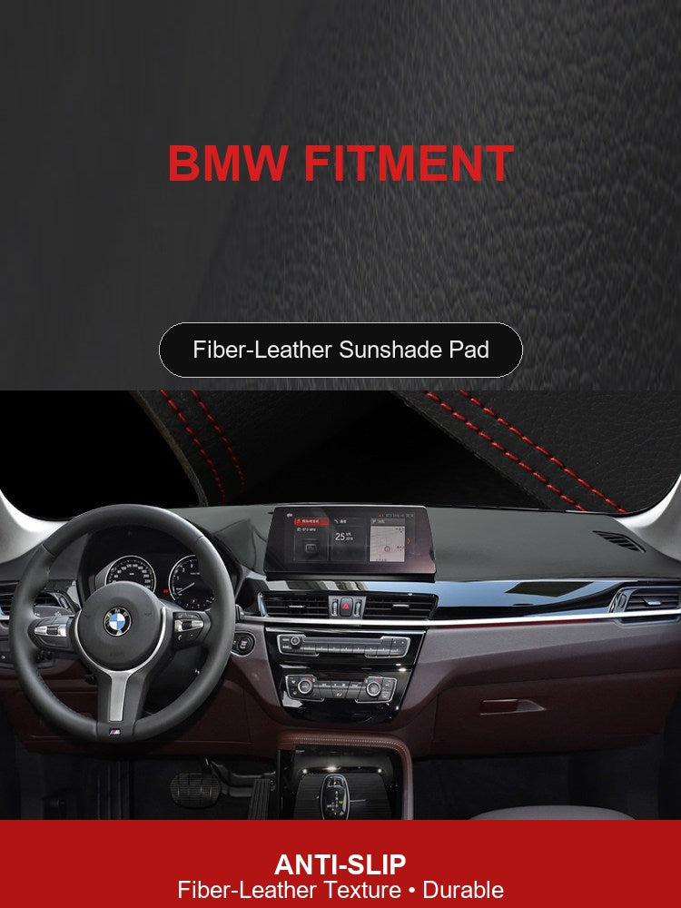 BMW dashboard sunshade cover, fiber-leather texture close-up on steering wheel and dash