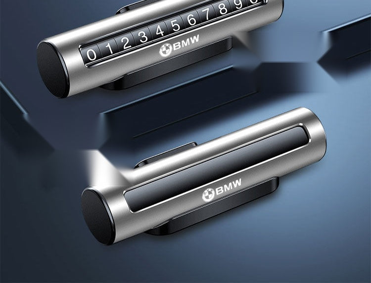 BMW Cylindrical Grey rolling-wheel parking number plate, display and closed states