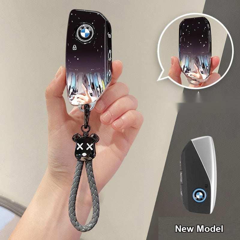 BMW key sleeve Starry Sky Black with bear braided rope keychain, Style F shell for older BMW folding key
