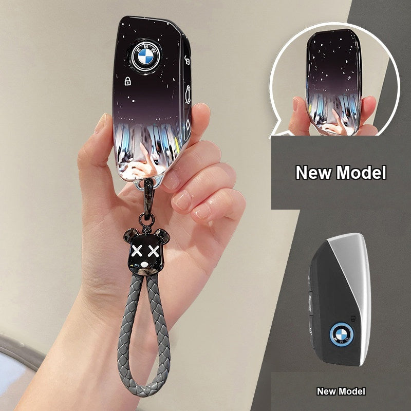 BMW key case New Model - Starry Sky Black + Bear Braided Rope Keychain