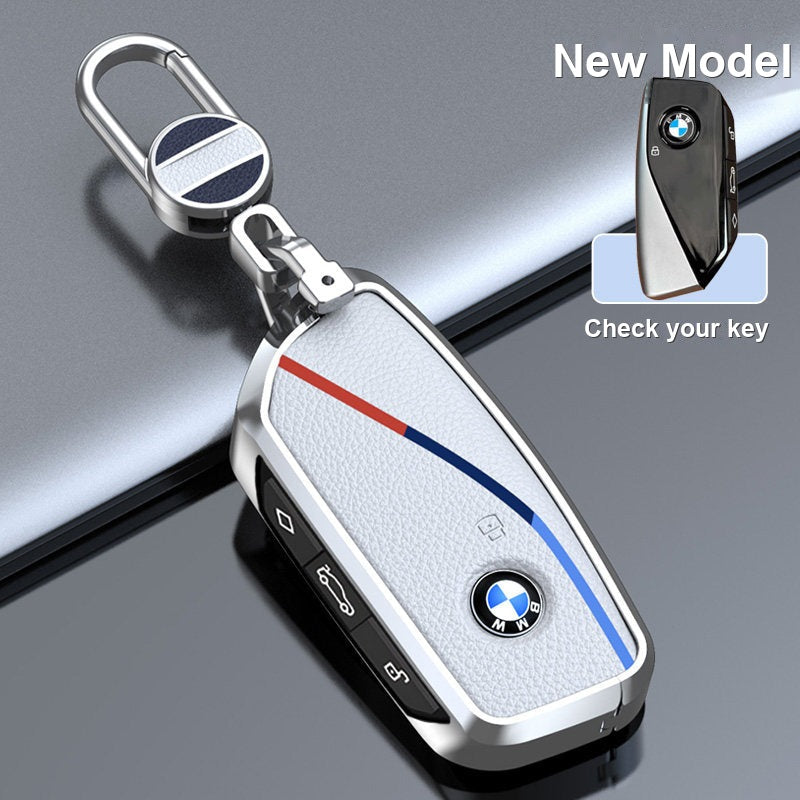 BMW genuine leather key fob case cover in Classic White for New Model smart key with keychain - fits 3/5 Series, X1 X3 X5 X7, i5, 2 Series