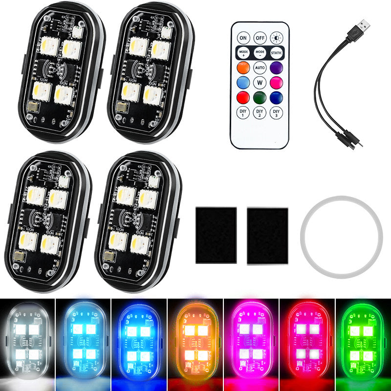 Wireless RGB LED strobe lights kit with remote control, USB charging cable, Velcro and rubber band mounts