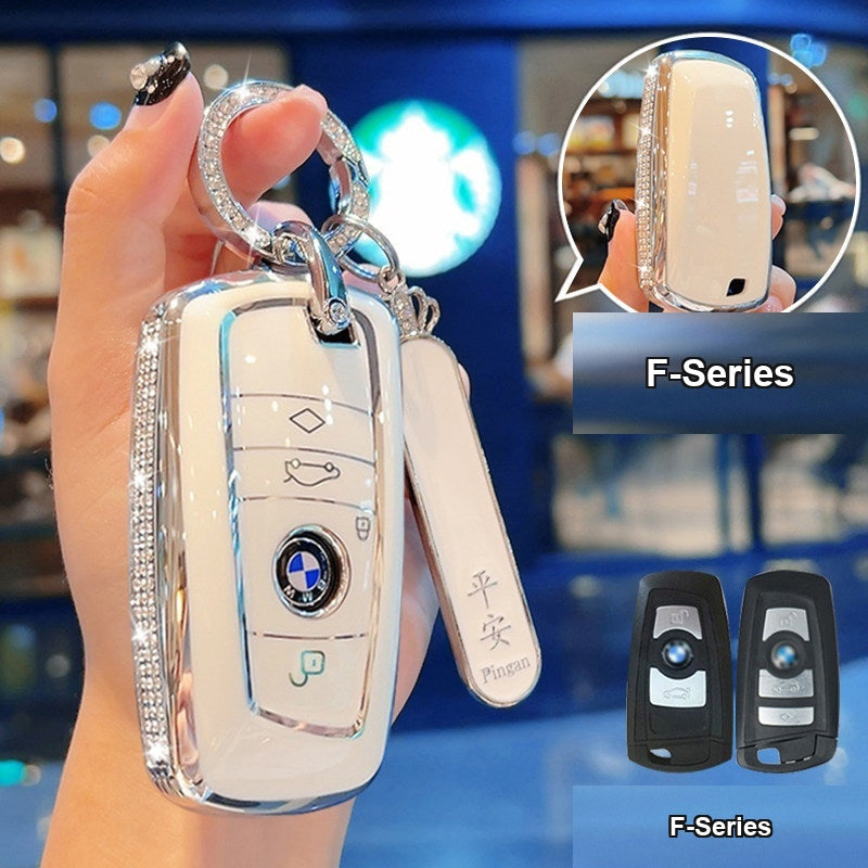 BMW key case Style A (F-Series) - Cream White/Silver Edge + Engraved Safety Number Plate