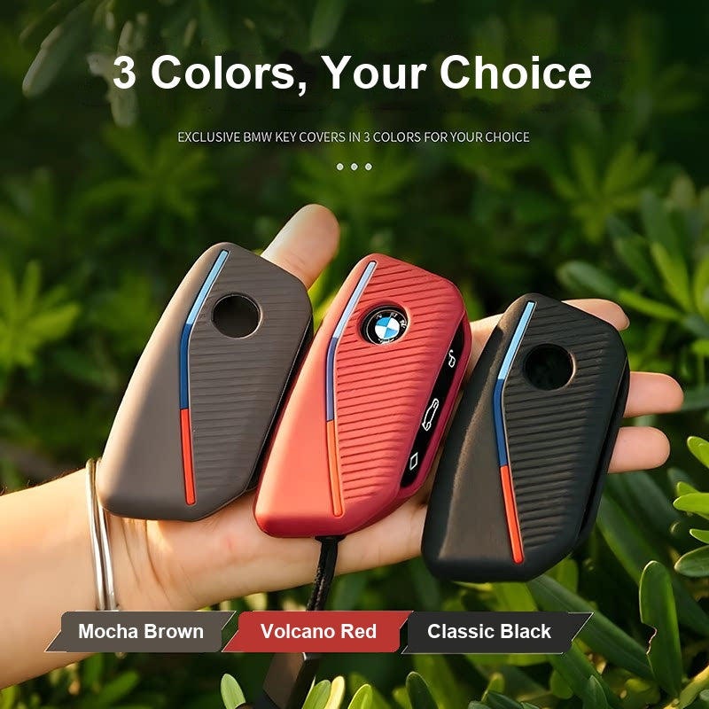 BMW silicone key case shown in 3 colors - mocha brown, volcano red, classic black