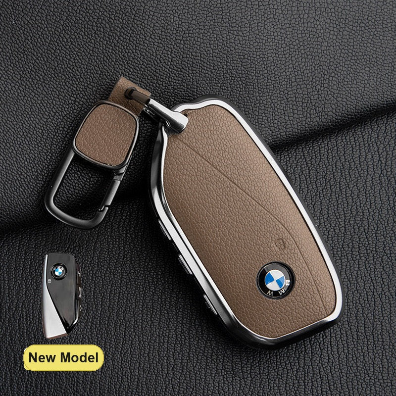 BMW New Model key fob case in Elephant Gray ALRAN French goat leather with Square Buckle Keyring - fits X1 X3 X5 X7, 5/7 Series, 740Li, i7