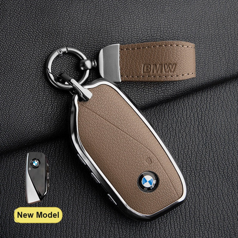 BMW New Model key fob case in Elephant Gray ALRAN French goat leather with BMW Pendant Keyring - fits X1 X3 X5 X7, 5/7 Series, 740Li, i7