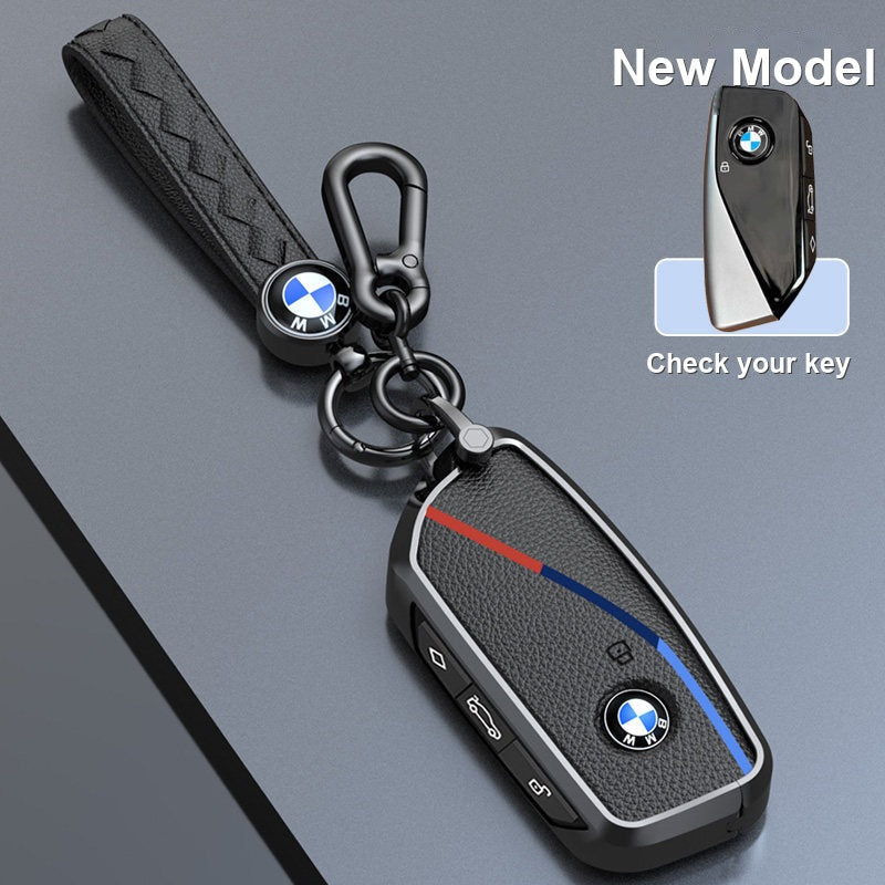 BMW genuine leather key fob case cover in Premium Black for New Model smart key with keychain - fits 3/5 Series, X1 X3 X5 X7, i5, 2 Series