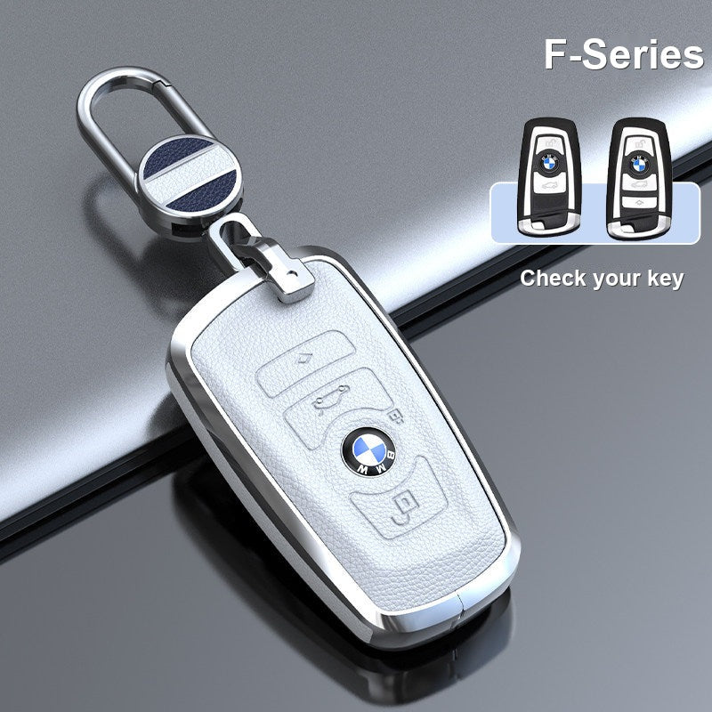 BMW genuine leather key fob case cover in Classic White for F-Series smart key with keychain - fits 3/5 Series, X1 X3 X5 X7, i5, 2 Series