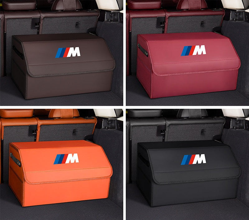 BMW M Performance trunk storage box shown in four color options: mocha brown, burgundy, vitality orange, and black