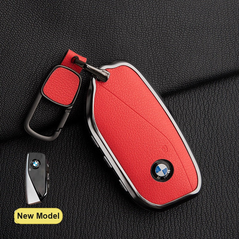 BMW New Model key fob case in Grapefruit Red ALRAN French goat leather with Square Buckle Keyring - fits X1 X3 X5 X7, 5/7 Series, 740Li, i7