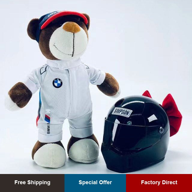 BMW M technician bear doll in white racing suit with helmet