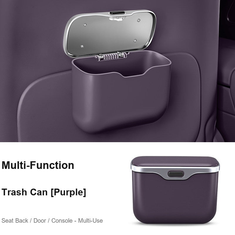 Multi-function BMW car trash bin purple, mounted on seat back in car interior