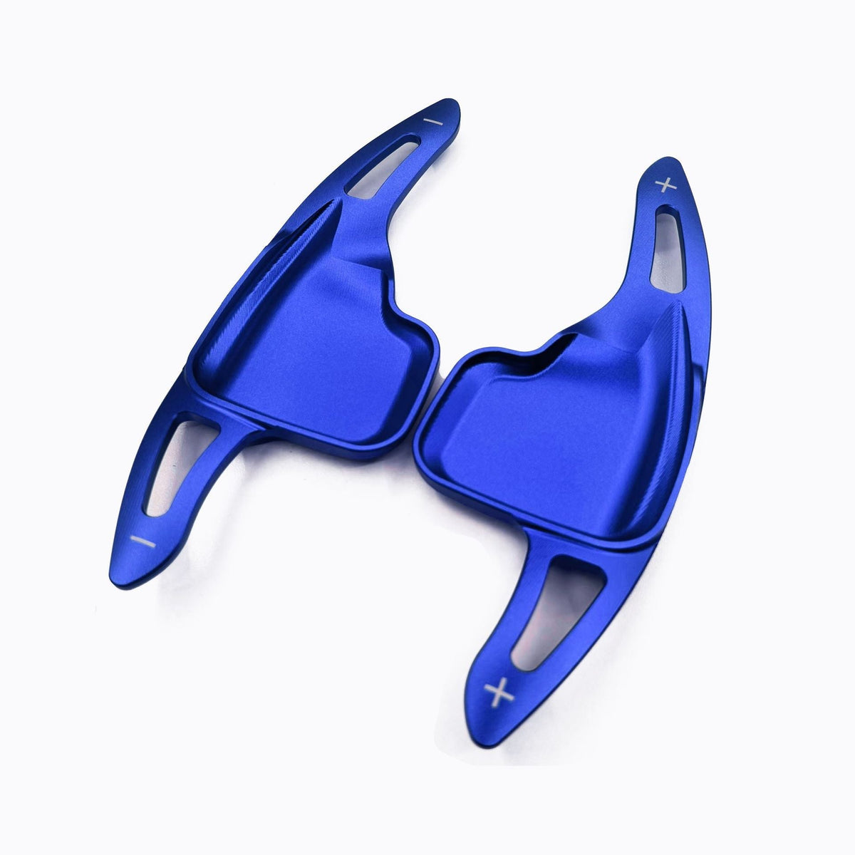 BMW aluminum paddle shifter extensions in blue angle view