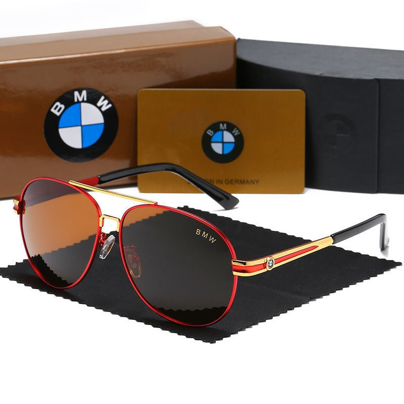 Red and gold frame BMW aviator sunglasses with brown lens