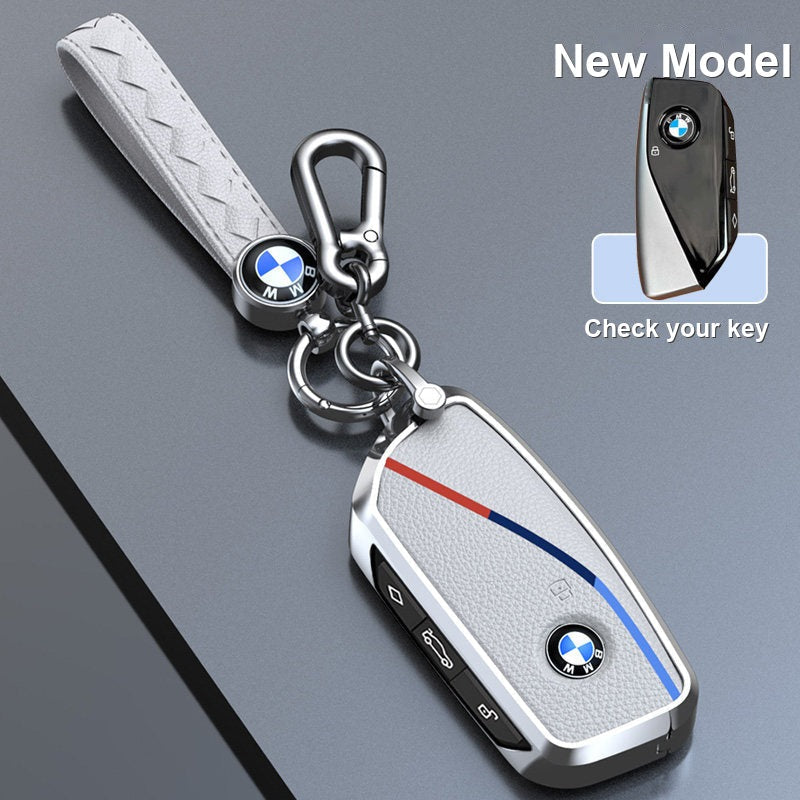 BMW genuine leather key fob case cover in Classic White for New Model smart key with keychain - fits 3/5 Series, X1 X3 X5 X7, i5, 2 Series